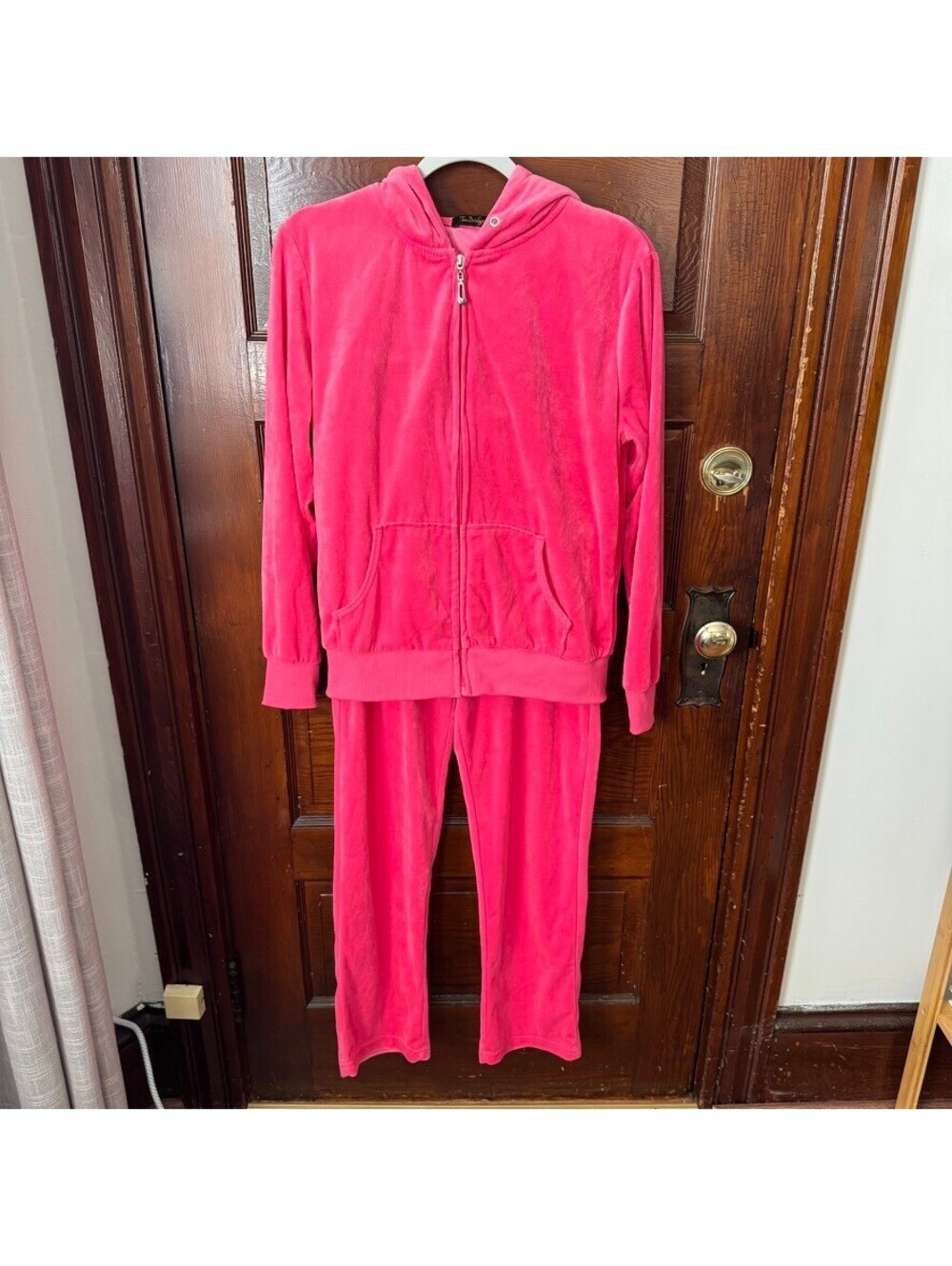 2000's Y2K Pink Velvet Tracksuit Set Full Zip-up Hooded Sweatshirts & Pants